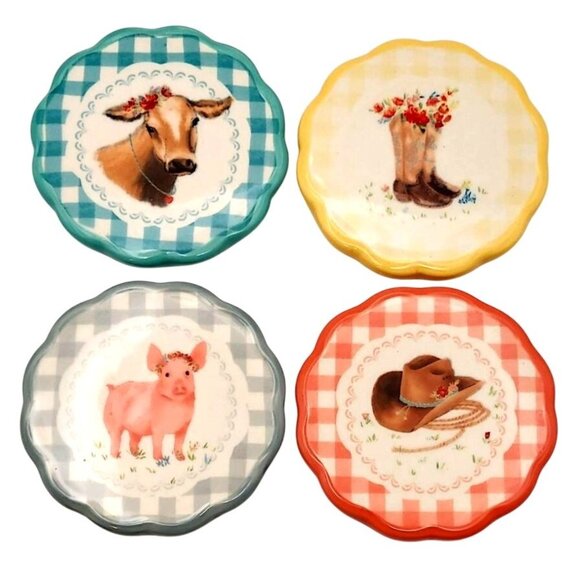 The Pioneer Woman Gingham Ranch Icons Stoneware Coaster Set Of 4 Farmhouse - Picture 1 of 7